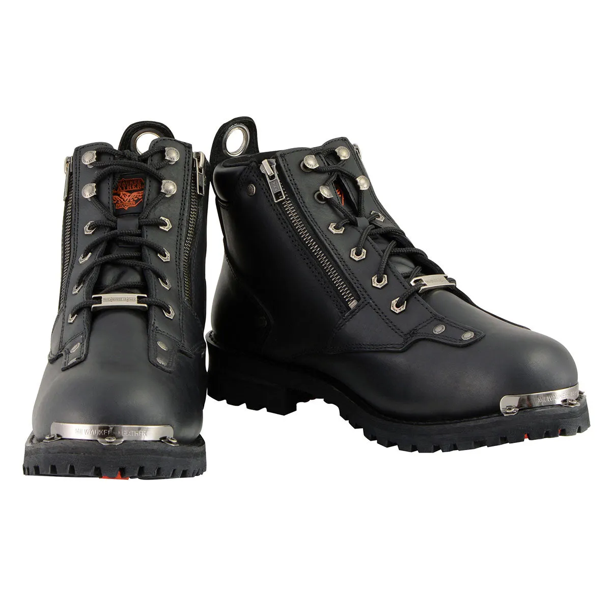 Milwaukee Leather MBM103W Men's Black Leather Lace-Up 'Wide-Width'  Biker Boots w/ DualSide Zipper Entry