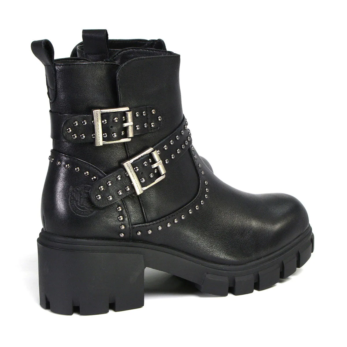 Milwaukee Performance Leather MBL9446 Women's ‘Siren’ Black Leather Studded Boots with Side Zipper Entry