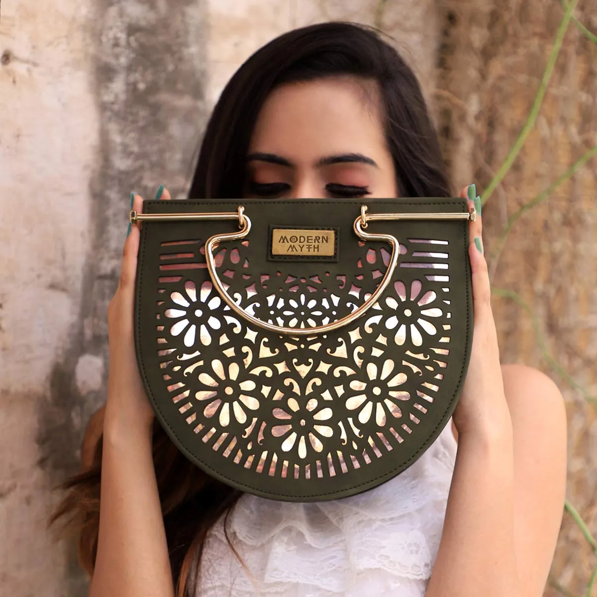 Modern Myth The Arc PU Material Embellished Casual Sling Bag for Women with Olive Geometric Print