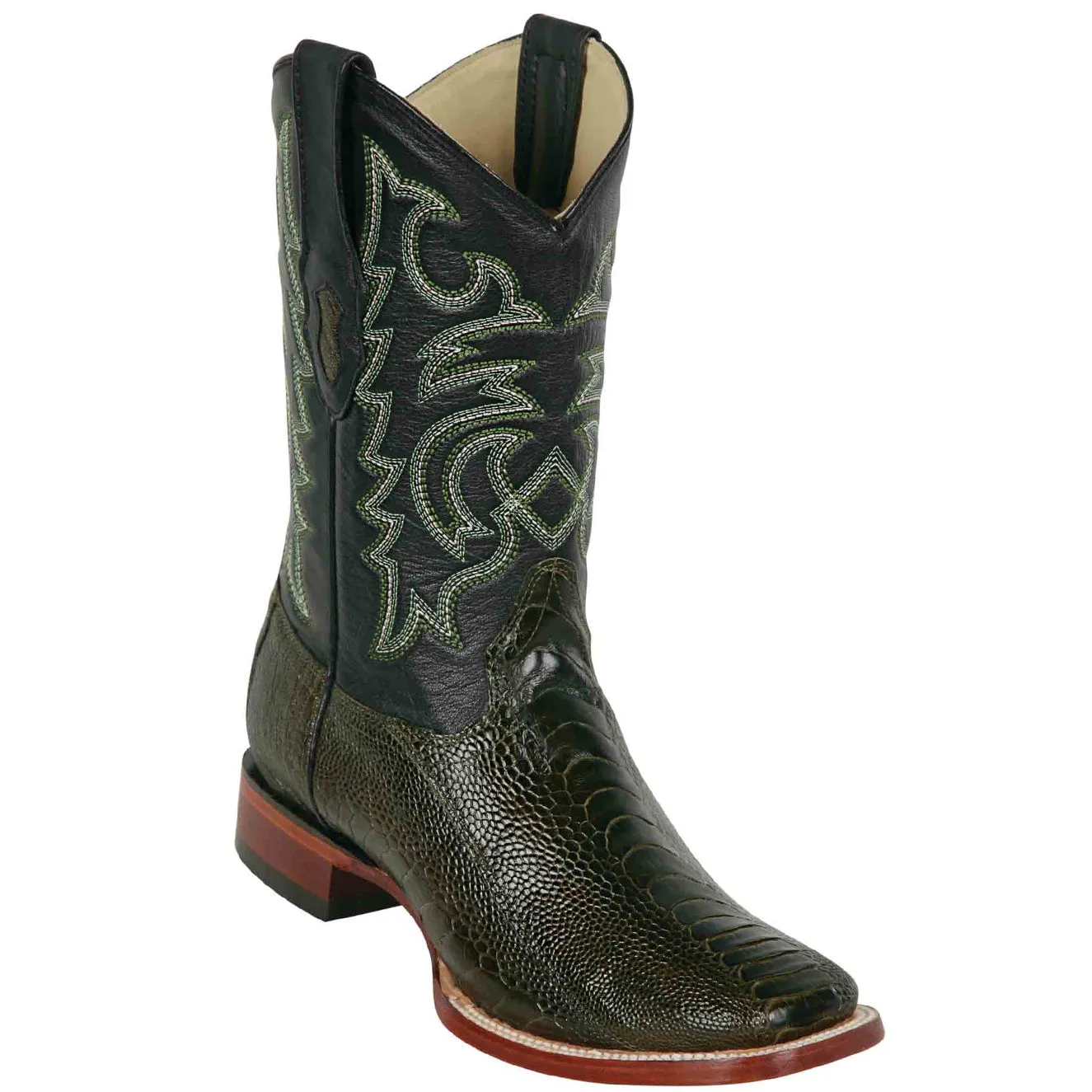 Ostrich Leg Square Toe Cowboy Boots Olive Green