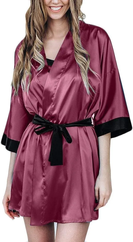 Pajamas Women Casual Black Simulation Silk Satin Kimono Robe Lace Bandage Bathrobe Lingerie Sleepwear Pajamas