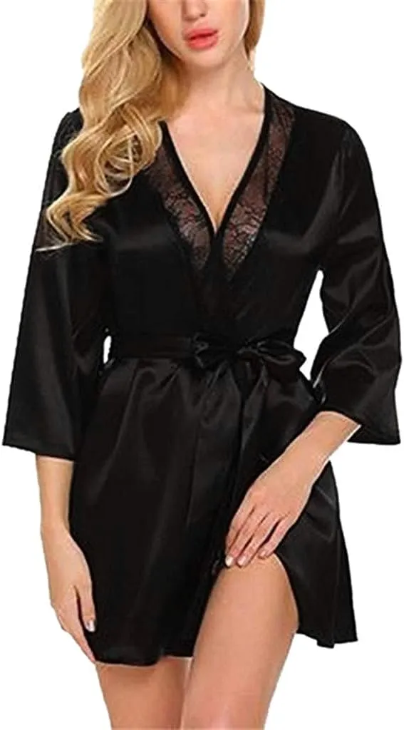 Pajamas Women Casual Black Simulation Silk Satin Kimono Robe Lace Bandage Bathrobe Lingerie Sleepwear Pajamas