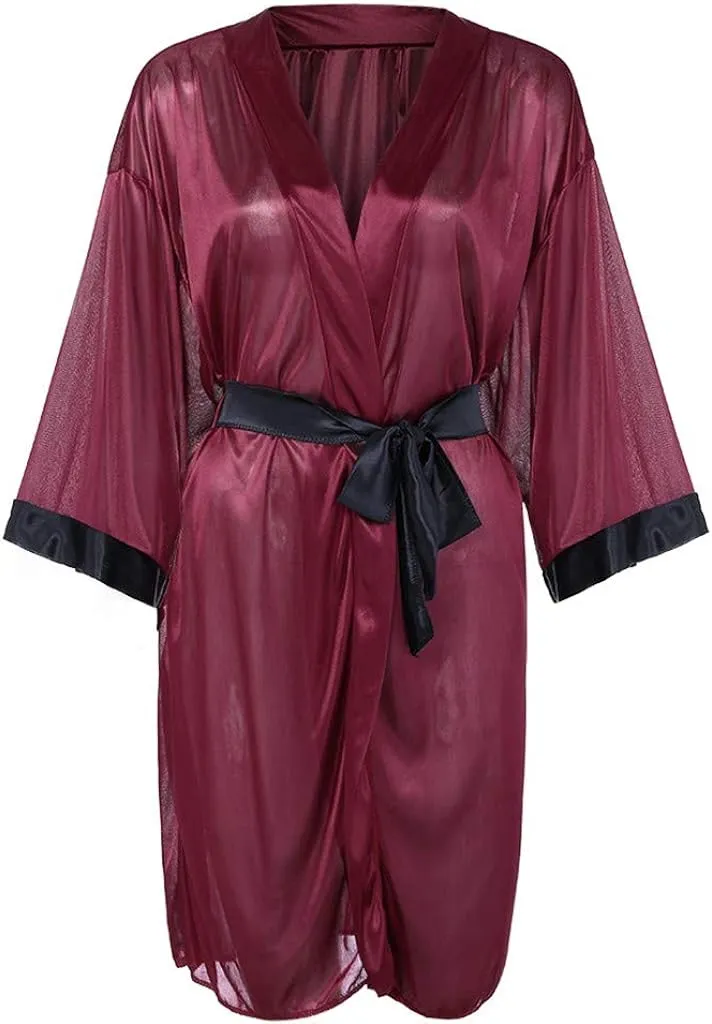 Pajamas Women Casual Black Simulation Silk Satin Kimono Robe Lace Bandage Bathrobe Lingerie Sleepwear Pajamas