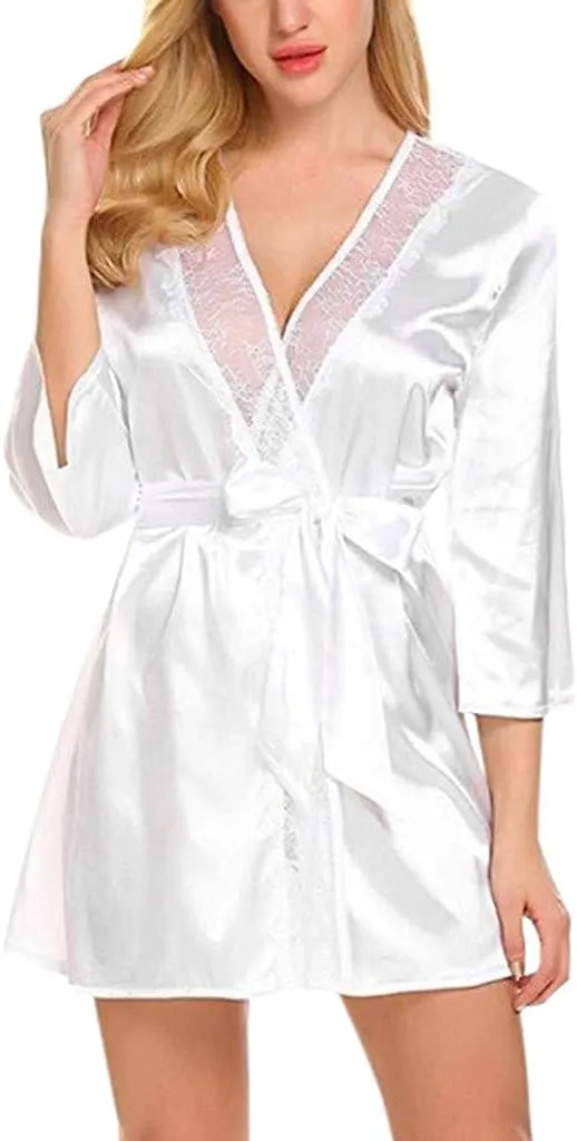 Pajamas Women Casual Black Simulation Silk Satin Kimono Robe Lace Bandage Bathrobe Lingerie Sleepwear Pajamas