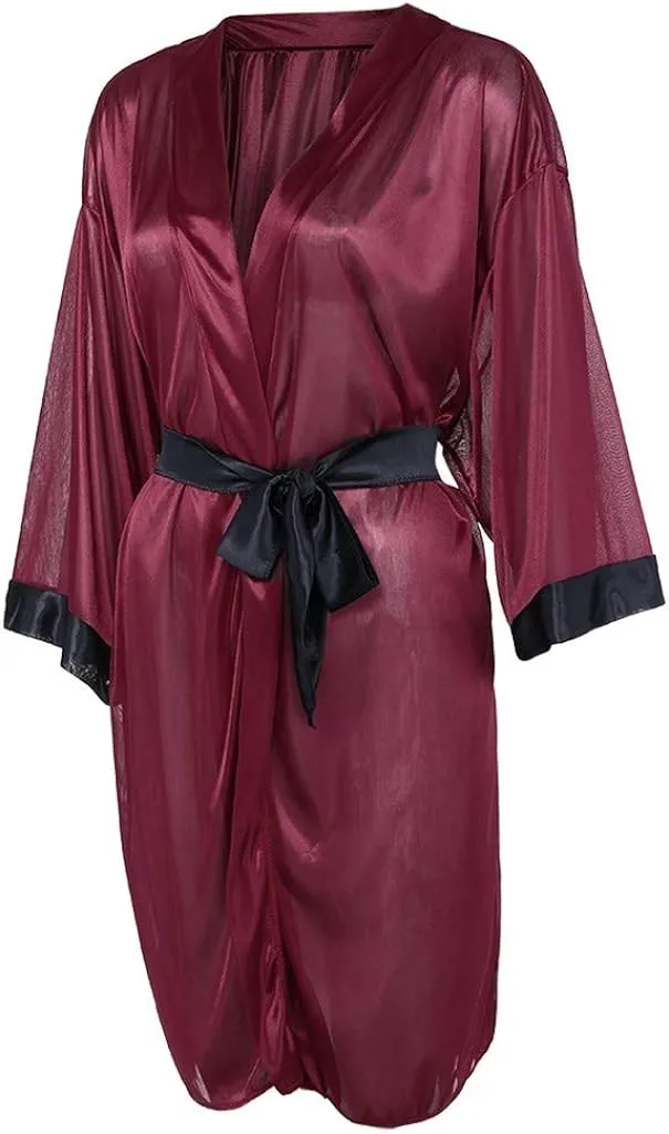 Pajamas Women Casual Black Simulation Silk Satin Kimono Robe Lace Bandage Bathrobe Lingerie Sleepwear Pajamas