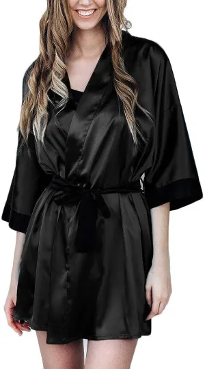 Pajamas Women Casual Black Simulation Silk Satin Kimono Robe Lace Bandage Bathrobe Lingerie Sleepwear Pajamas