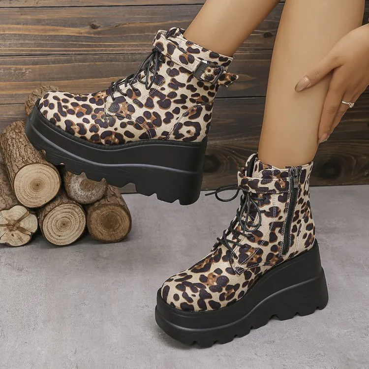 Plus Size Leopard Print Thick Bottom Height-increasing Boots