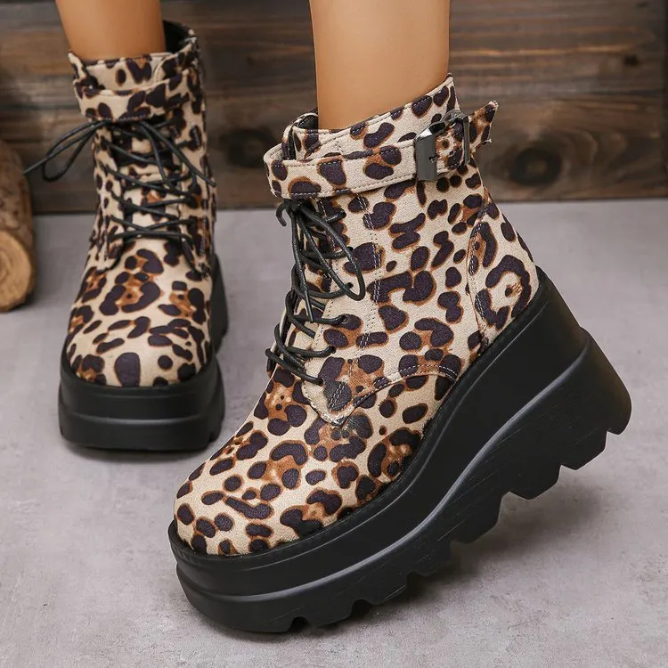 Plus Size Leopard Print Thick Bottom Height-increasing Boots