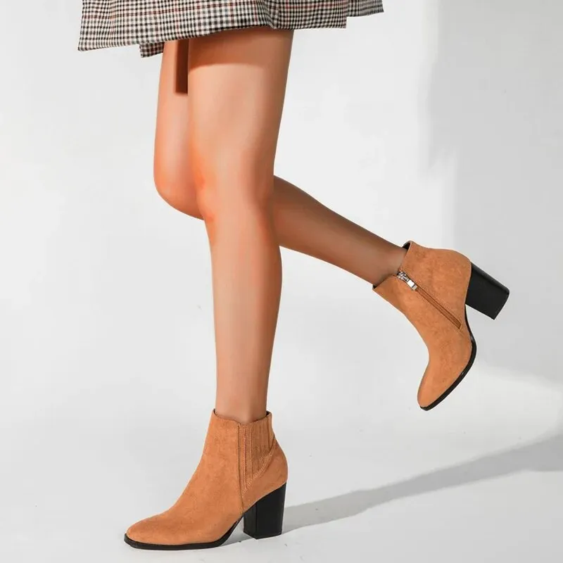 Pointed Toe Block Square Heel Ankle Boots