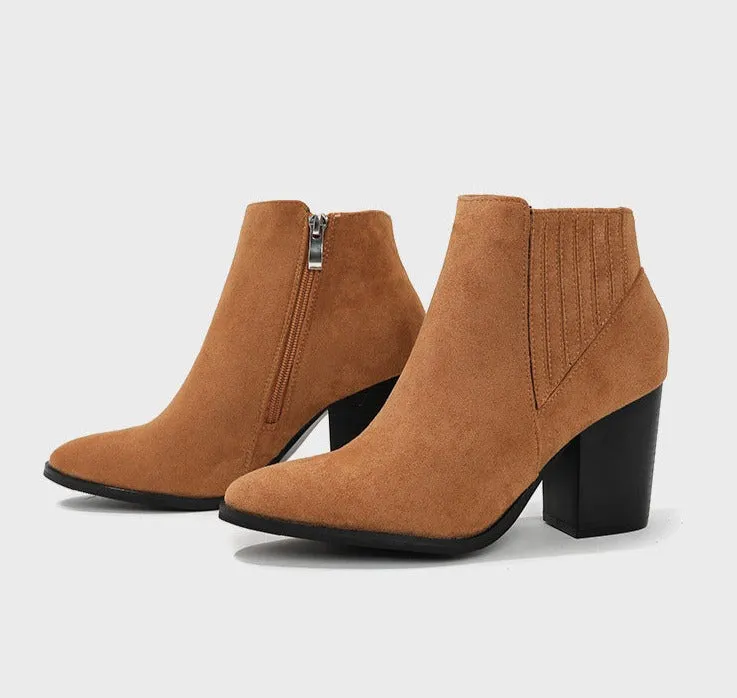 Pointed Toe Block Square Heel Ankle Boots