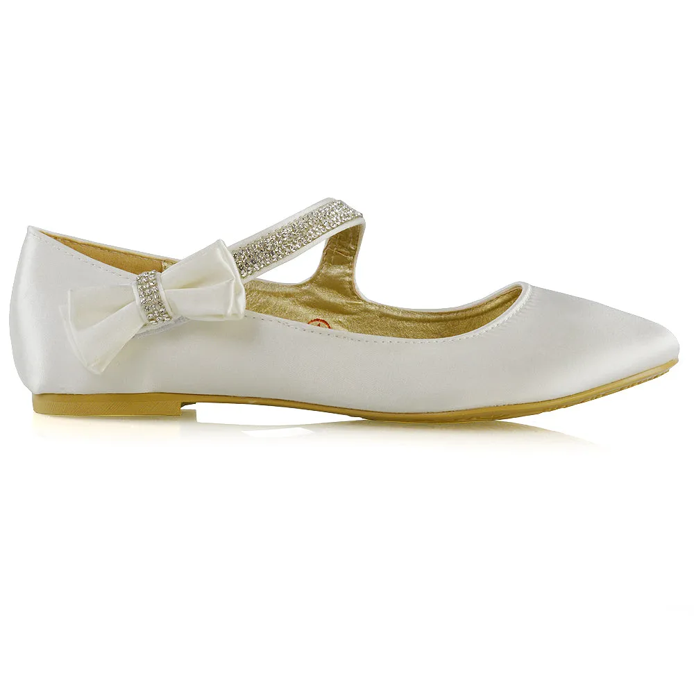 Poppy-Faye Embellished Bow Detail Diamante Strap Wedding Pumps Flat Bridal Shoes in Ivory Satin