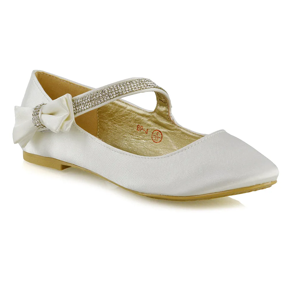 Poppy-Faye Embellished Bow Detail Diamante Strap Wedding Pumps Flat Bridal Shoes in Ivory Satin