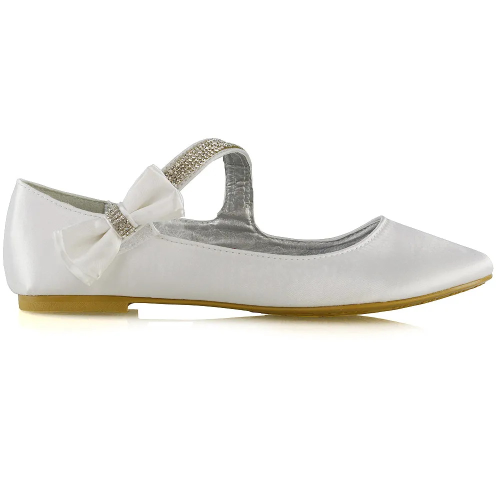 Poppy-Faye Embellished Bow Detail Diamante Strap Wedding Pumps Flat Bridal Shoes in Ivory Satin