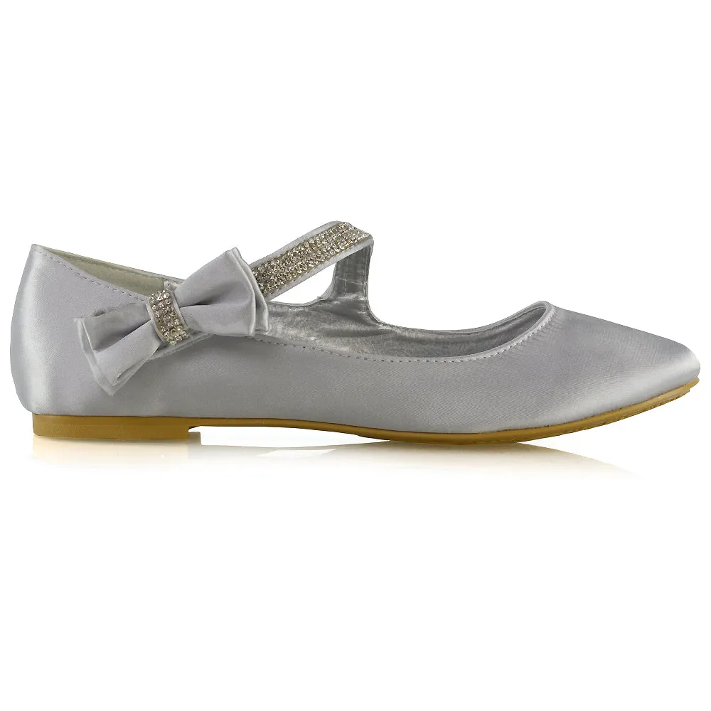 Poppy-Faye Embellished Bow Detail Diamante Strap Wedding Pumps Flat Bridal Shoes in Ivory Satin