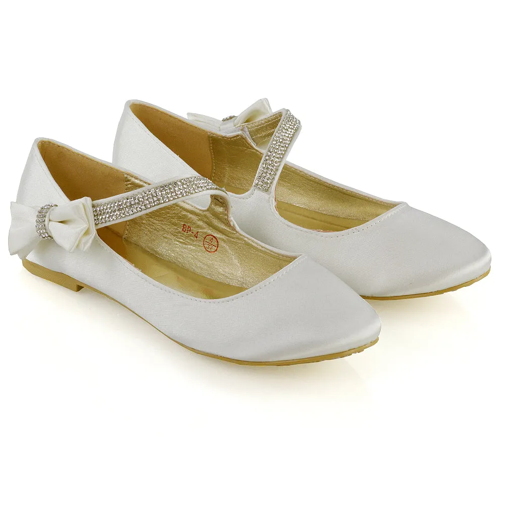 Poppy-Faye Embellished Bow Detail Diamante Strap Wedding Pumps Flat Bridal Shoes in Ivory Satin