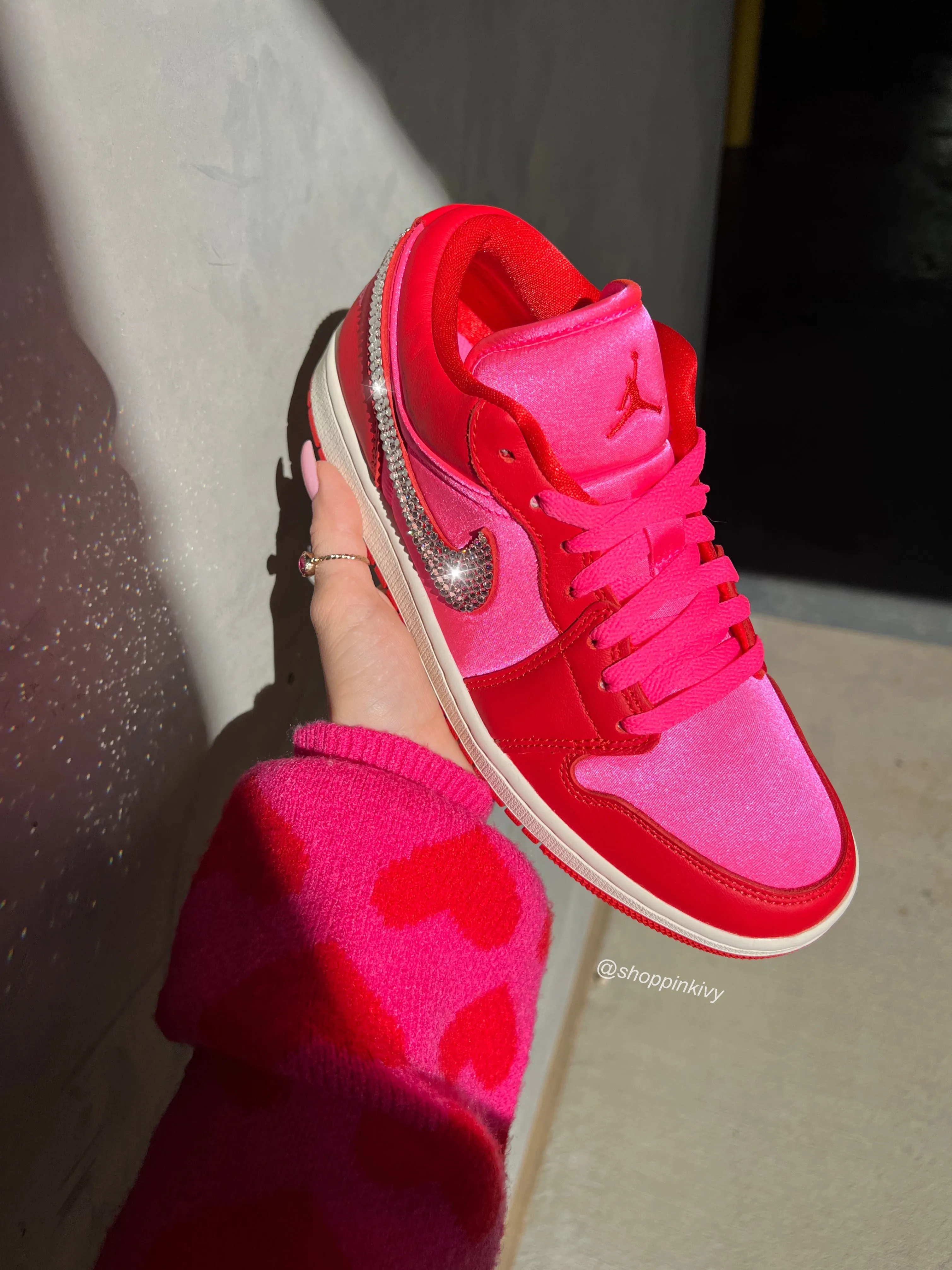 Red Pink Satin Swarovski Women’s Air Jordan 1 Low Shoes