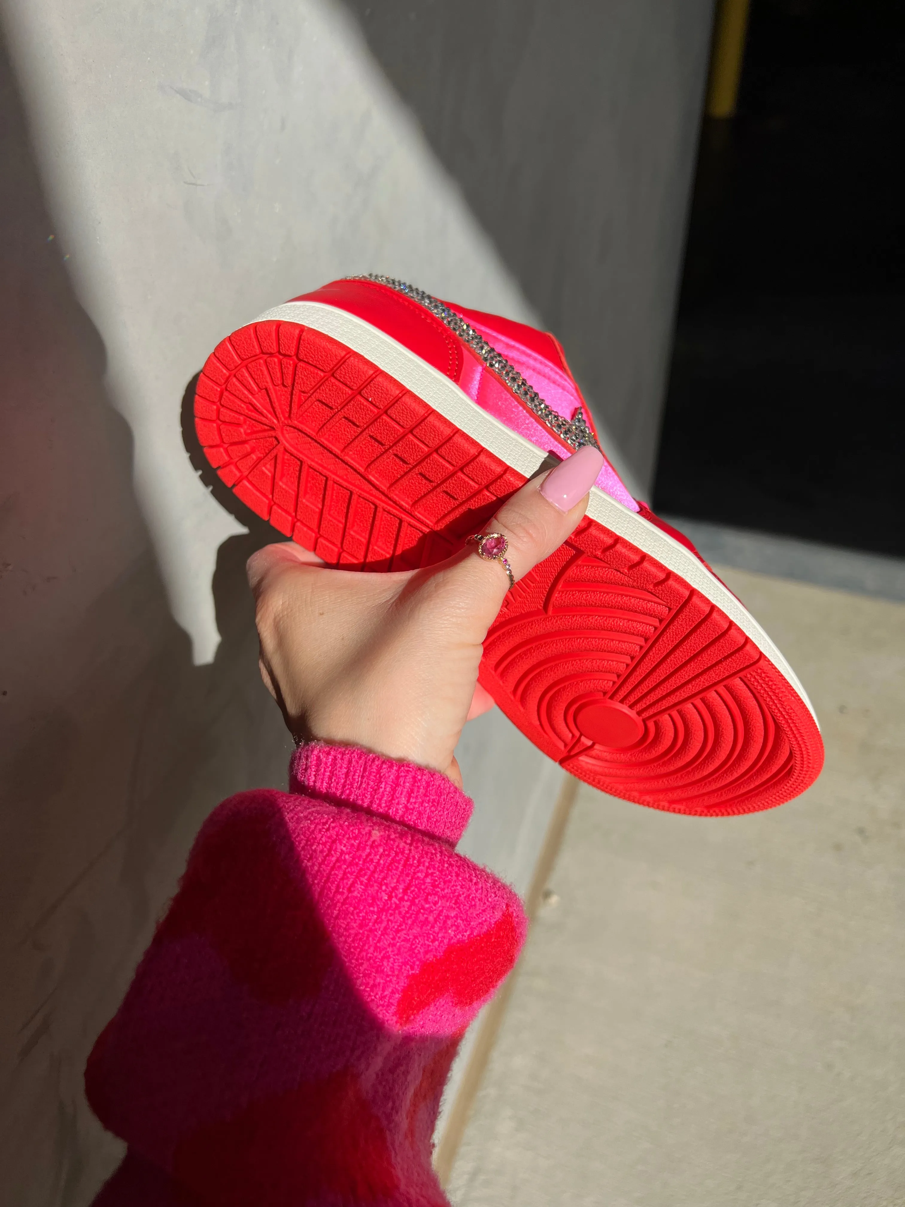 Red Pink Satin Swarovski Women’s Air Jordan 1 Low Shoes