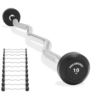 Rubber Fixed Barbell, Pre-Loaded Weight EZ Curl Bar for Weightlifting