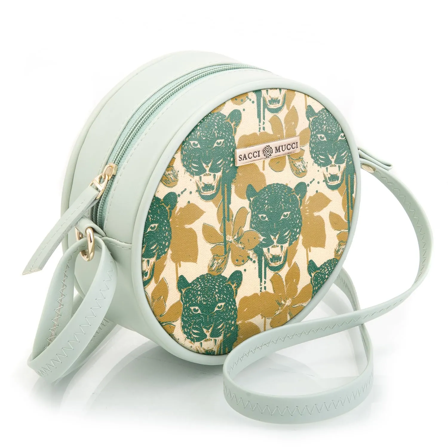 SACCI MUCCI Round Sling Bag, Printed Sling Bag For Girls, Women Sling Bag, Crossbody Bag For Women, Girls, Gift for her - Wild Print (Mint Green)