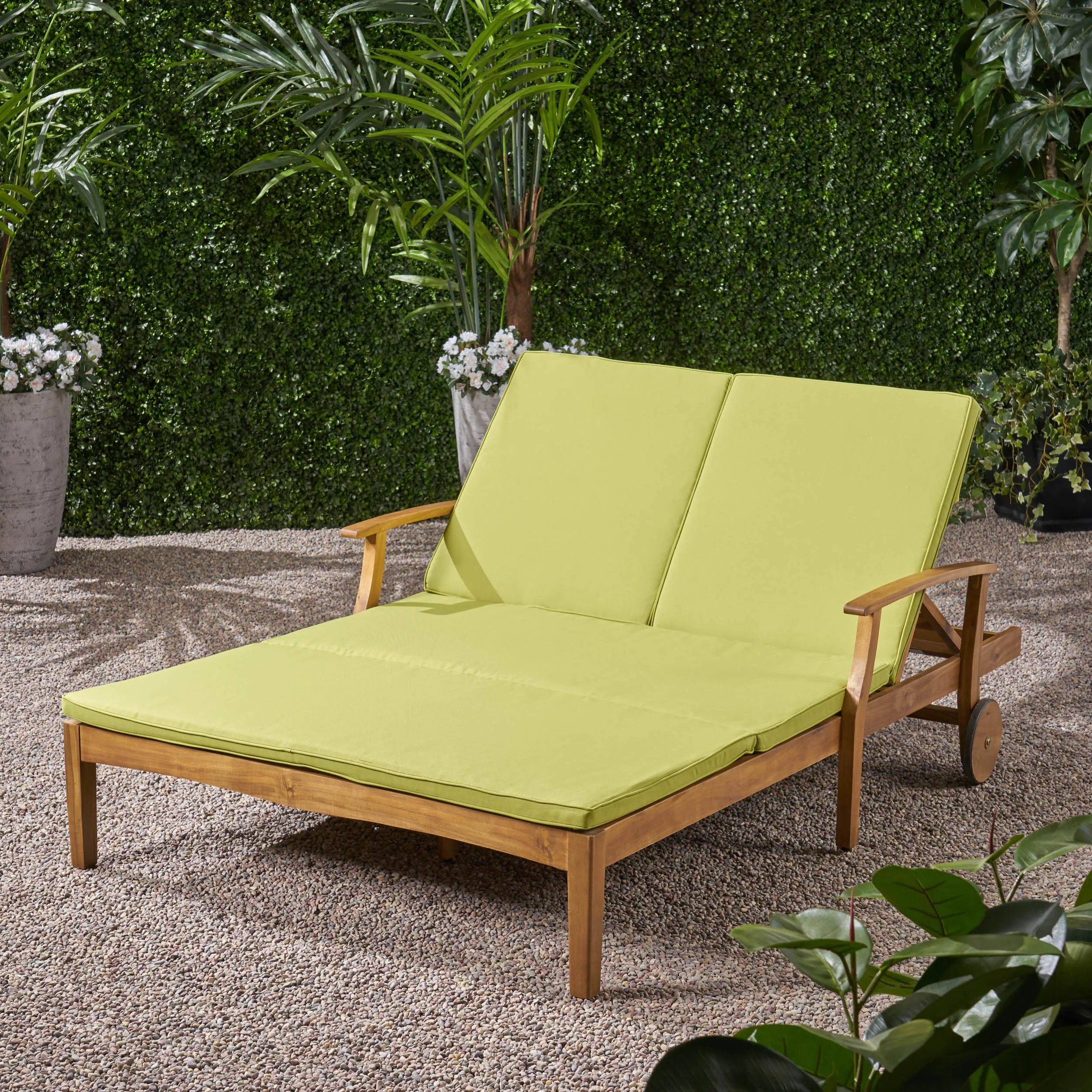 Samantha Double Chaise Lounge for Yard and Patio, Acacia Wood Frame