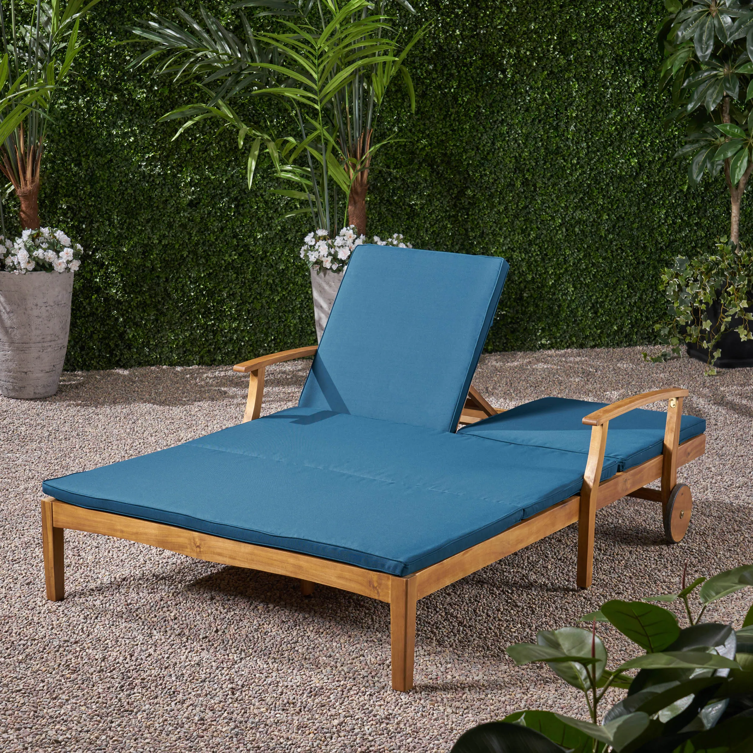 Samantha Double Chaise Lounge for Yard and Patio, Acacia Wood Frame