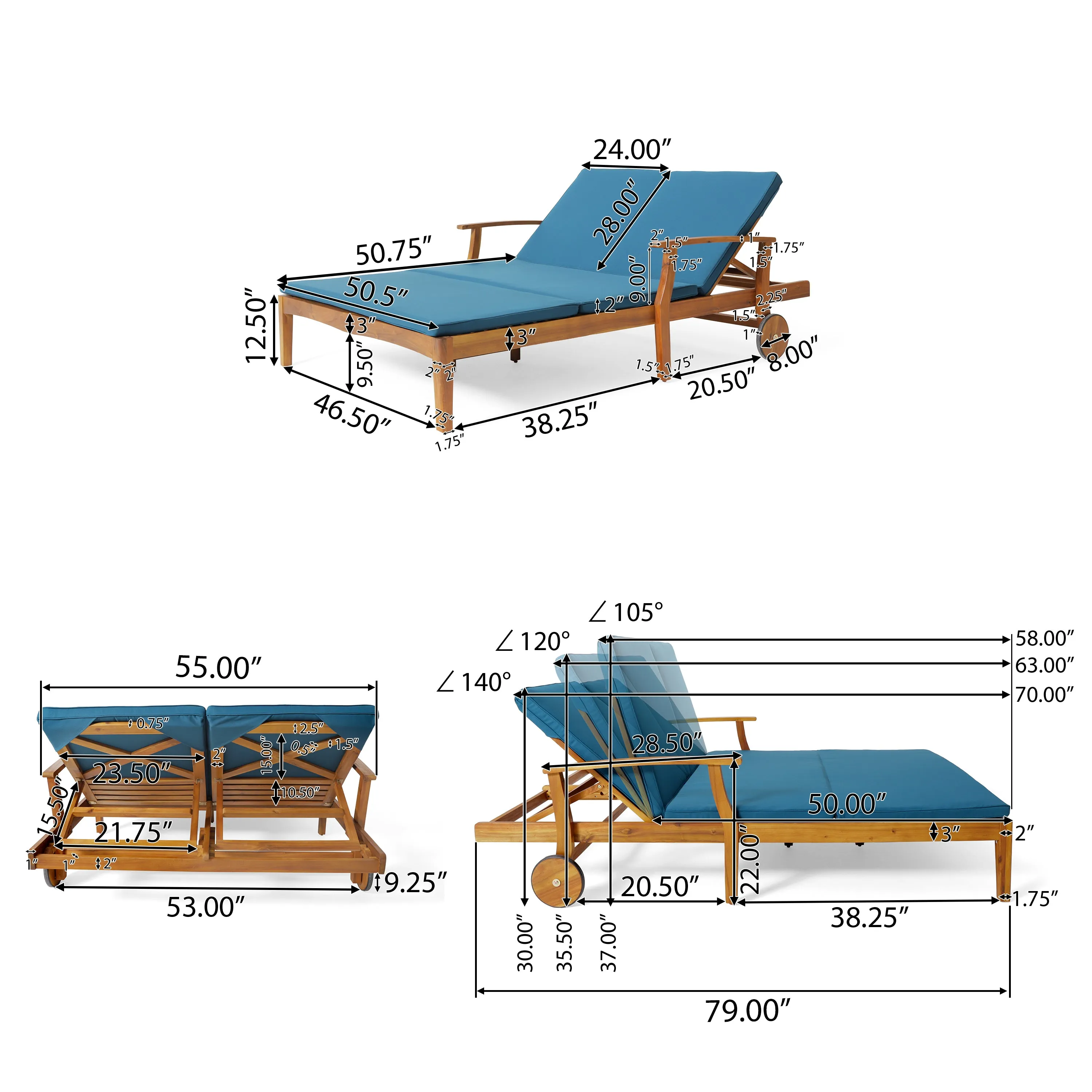 Samantha Double Chaise Lounge for Yard and Patio, Acacia Wood Frame