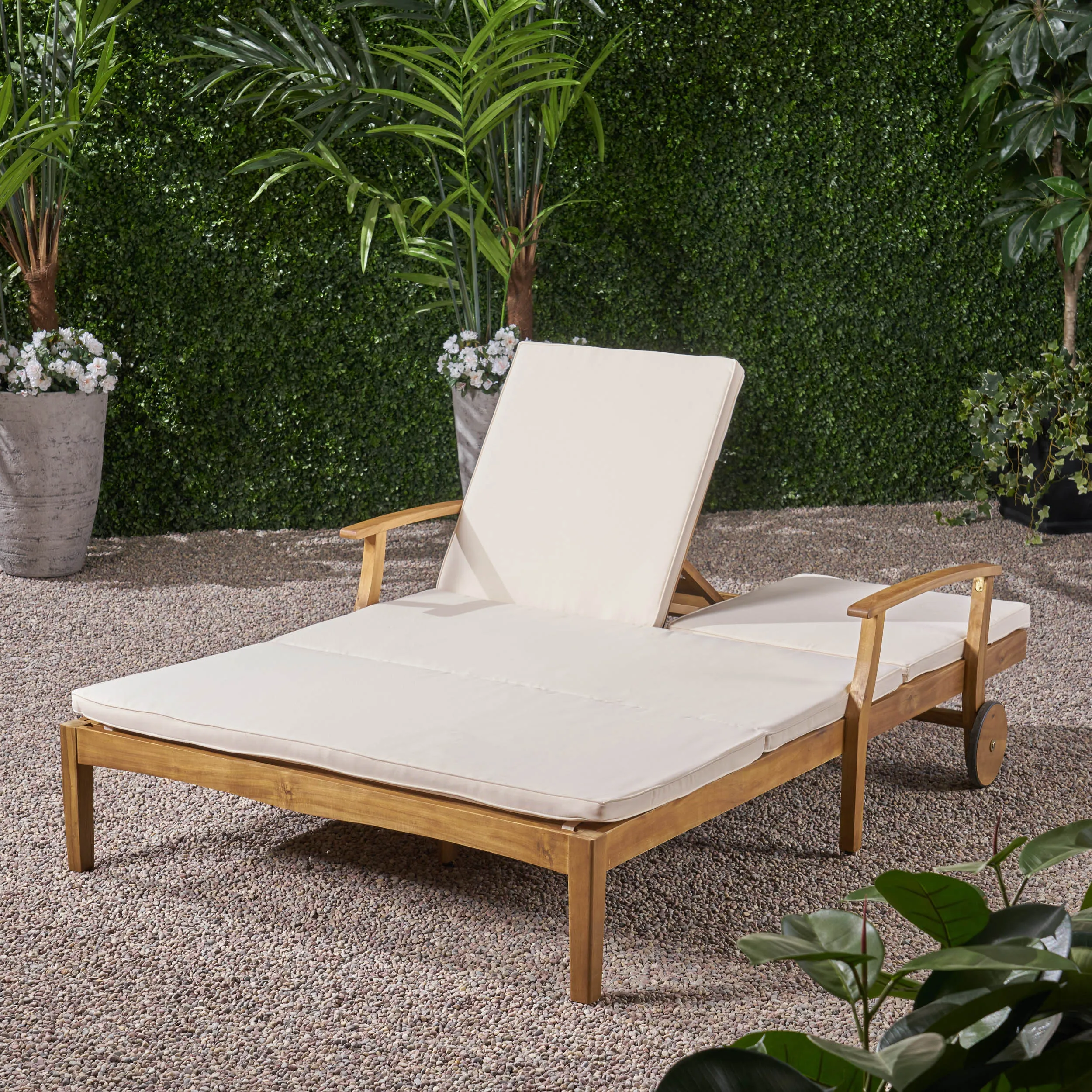 Samantha Double Chaise Lounge for Yard and Patio, Acacia Wood Frame