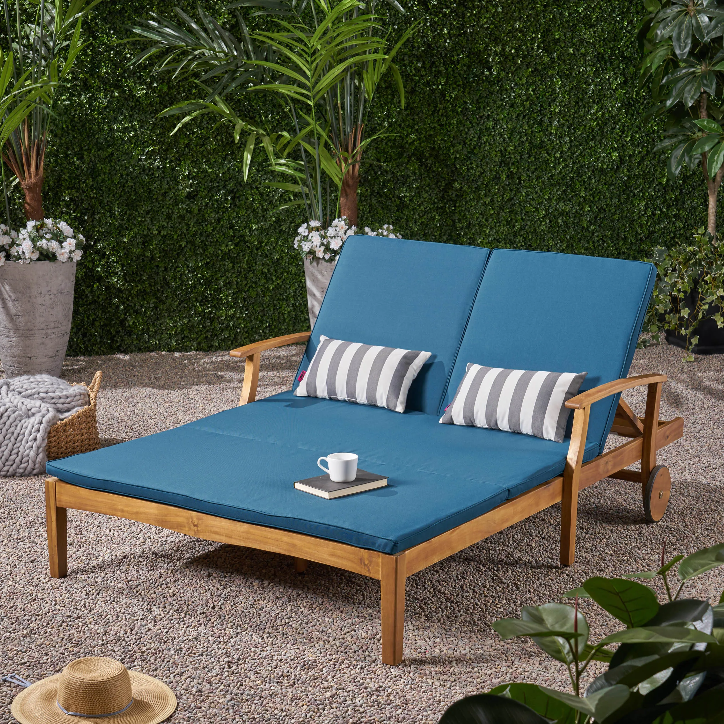 Samantha Double Chaise Lounge for Yard and Patio, Acacia Wood Frame