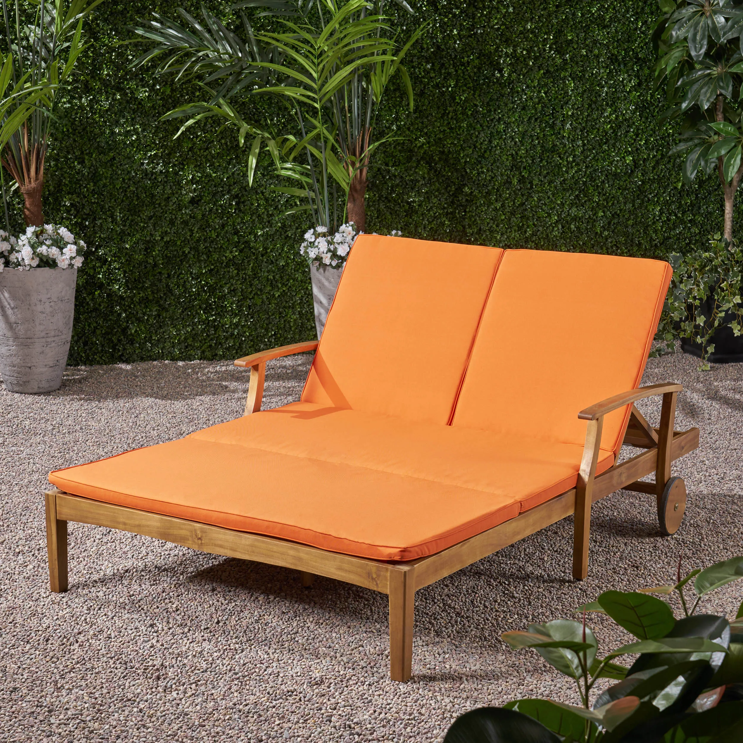 Samantha Double Chaise Lounge for Yard and Patio, Acacia Wood Frame