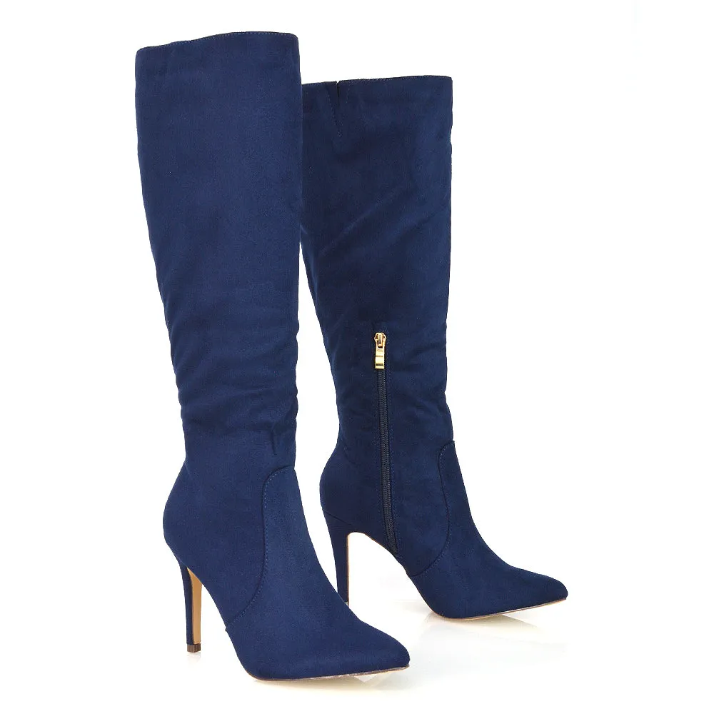 Savvy Pointed Toe Long Knee High Stiletto Heeled Boots in Navy Faux Suede