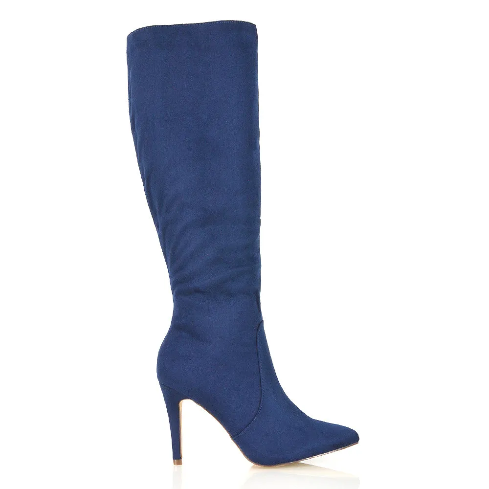 Savvy Pointed Toe Long Knee High Stiletto Heeled Boots in Navy Faux Suede