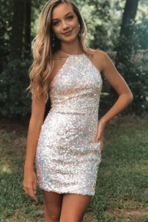 Silver Spaghetti Straps Sequins Homecoming Dress, Sparkly Sheath Bodycon Dress UQH0127