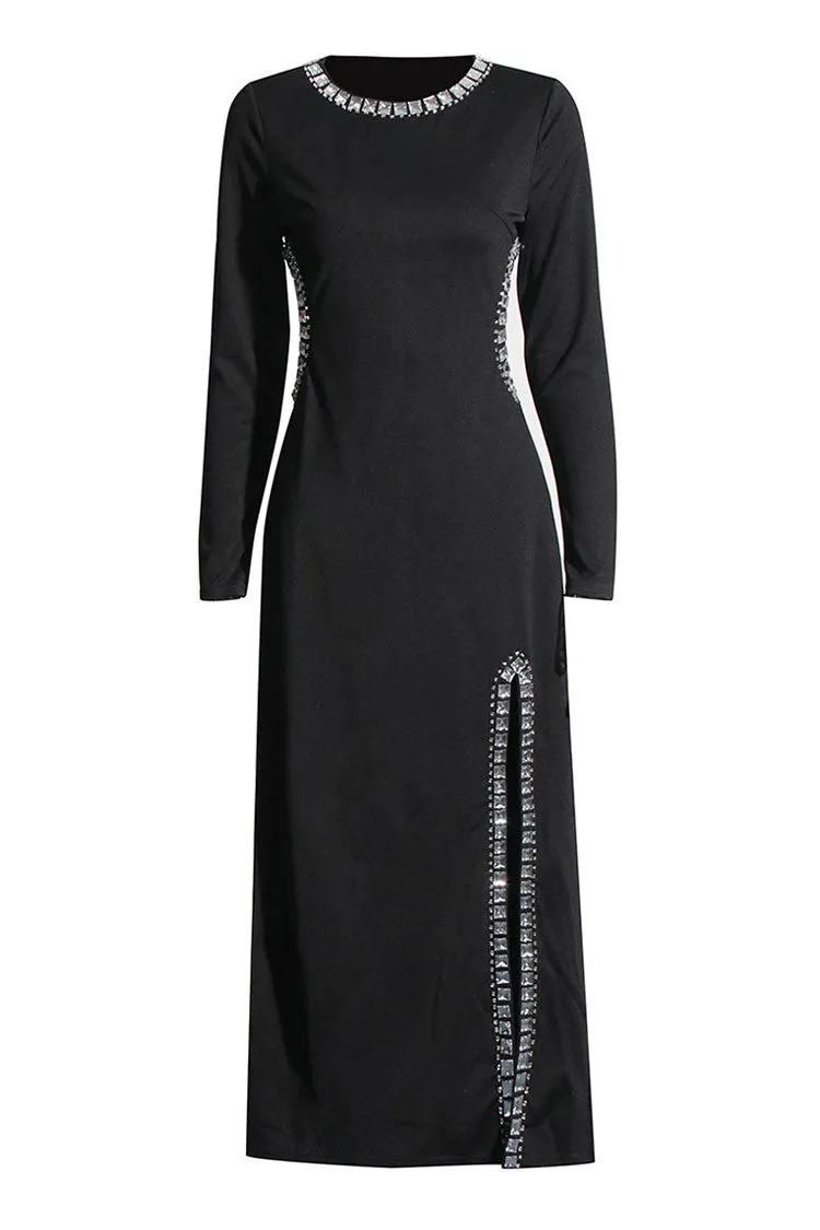 Sparkly Crew Neck Cutout Long Sleeve Split Rhinestone Evening Maxi Dress