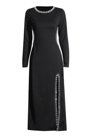 Sparkly Crew Neck Cutout Long Sleeve Split Rhinestone Evening Maxi Dress