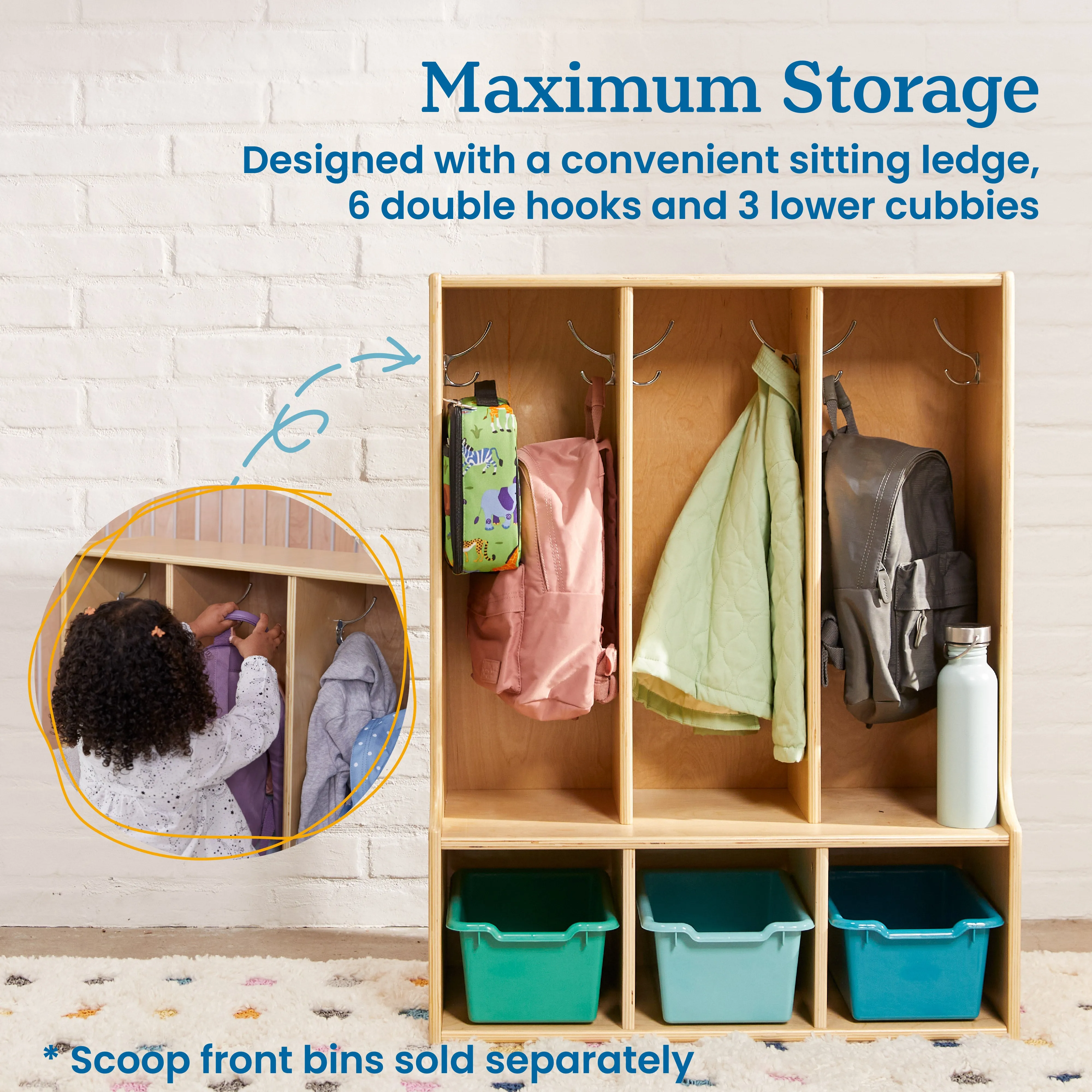 Streamline 3-Section Toddler Coat Locker with Bench, Kids Furniture