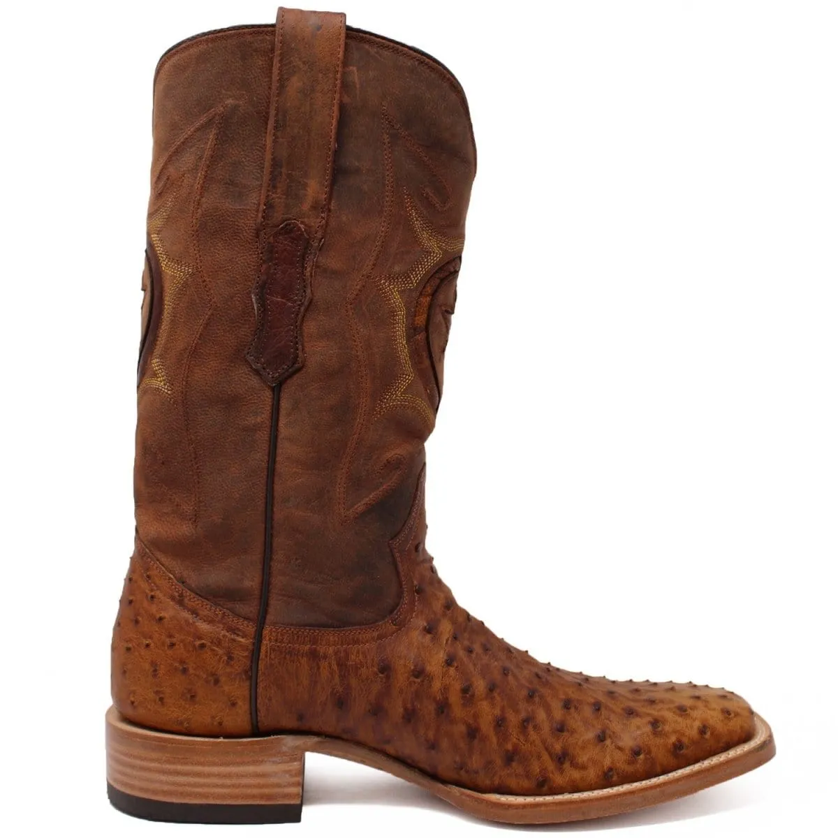 Tanner Mark Men's Genuine Full Quill Ostrich Square Toe Boots Oiled Brandy TMX200477