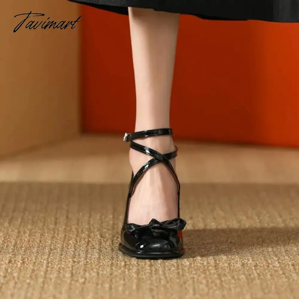 Tavimart Ladies Lolita Sweet Fashion Shoes Retro Cross-Tie Pumps Casual Summer Marry Janes Round Toe Shoes Woman Bow Design