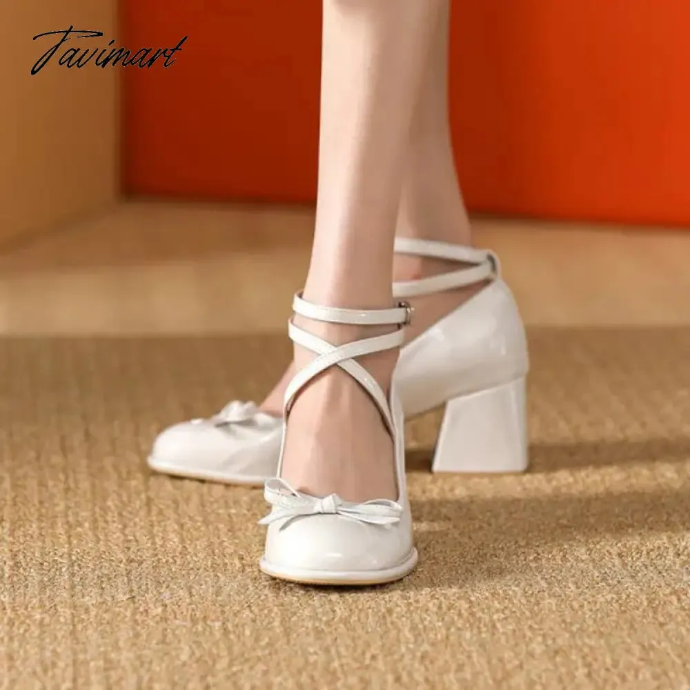 Tavimart Ladies Lolita Sweet Fashion Shoes Retro Cross-Tie Pumps Casual Summer Marry Janes Round Toe Shoes Woman Bow Design