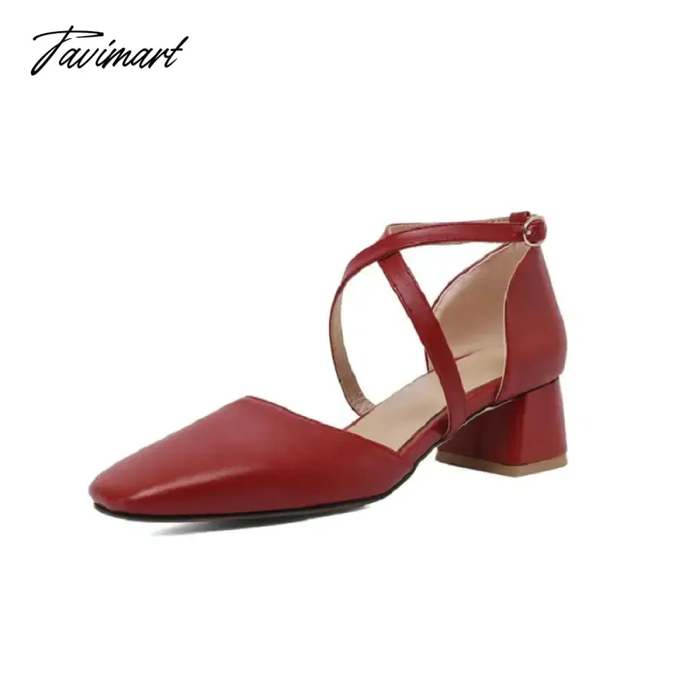 Tavimart Sianie Tianie PU Summer Red White Black Cross-Strap Womens Chunky Heels Shoes Mary Janes Woman Sandals Big Size 47 48 49 50