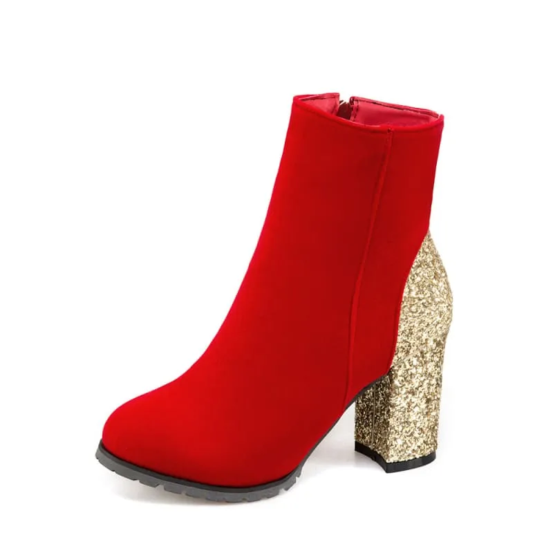 Unisex Sequined High Heel Velour Ankle Boots in Cool Colors