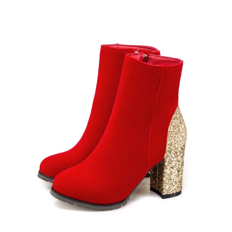 Unisex Sequined High Heel Velour Ankle Boots in Cool Colors