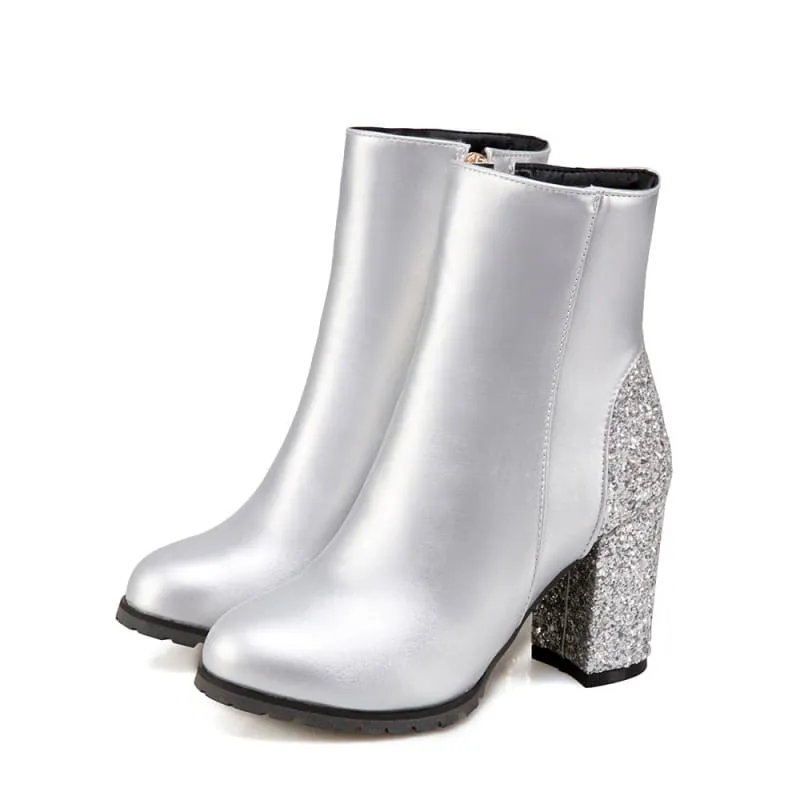 Unisex Sequined High Heel Velour Ankle Boots in Cool Colors