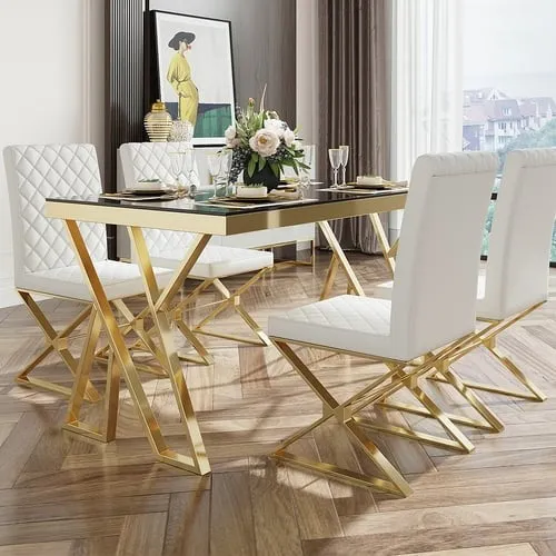 Upholstered Leather Dining Table Chair Gold Legs