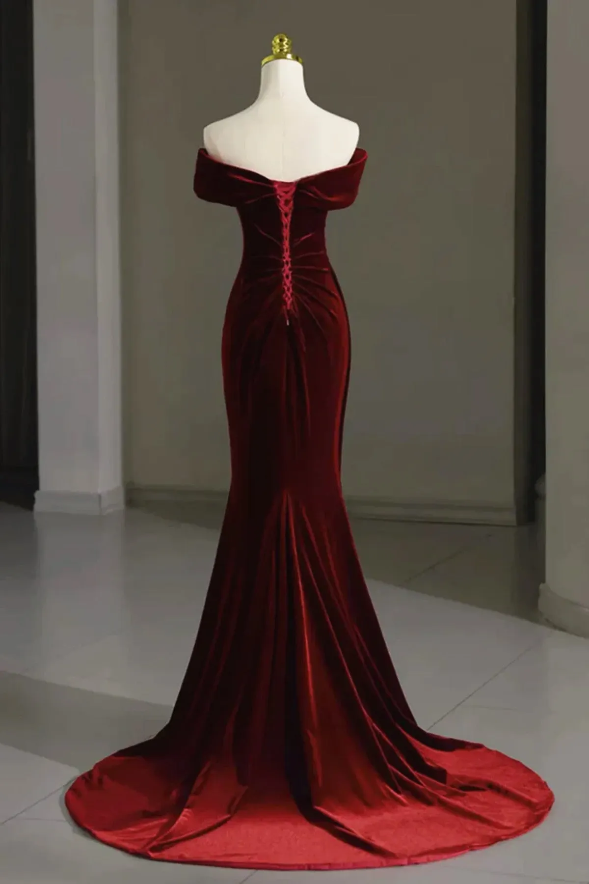 Wine Red Velvet Mermaid Off Shoulder Prom Dress, Wine Red Velvet Formal Dress