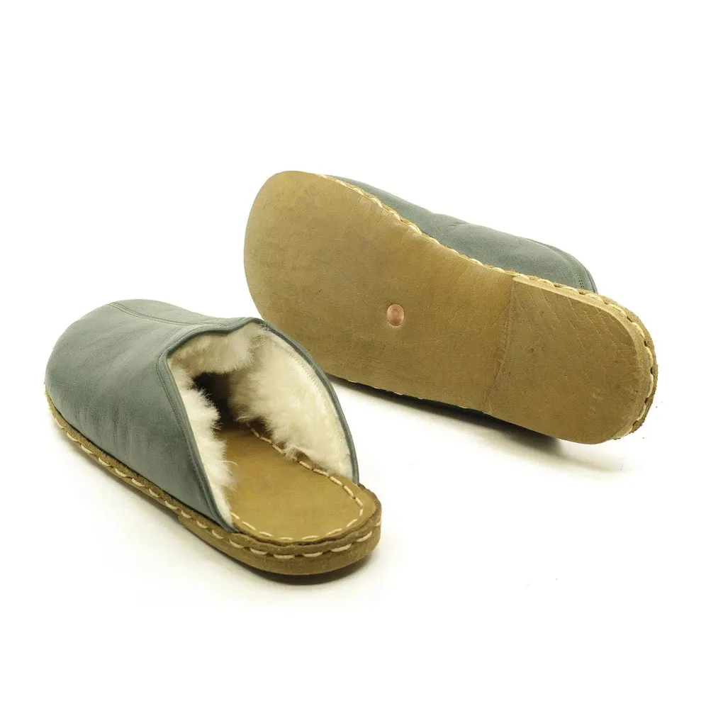 Winter Toledo Green Leather Sheepskin Barefoot Slippers