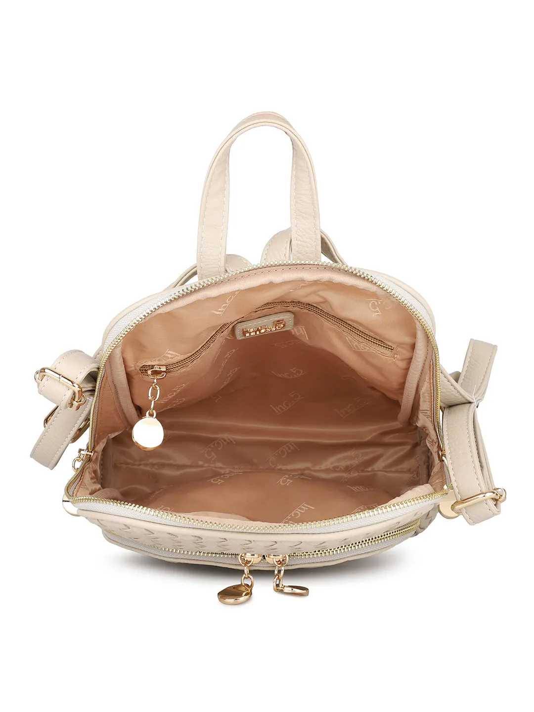 Women Beige Textured Backpack Cum Handbag