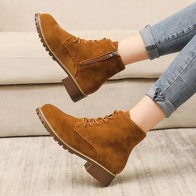 Women square chunky heel lace up ankle motorcycle boots