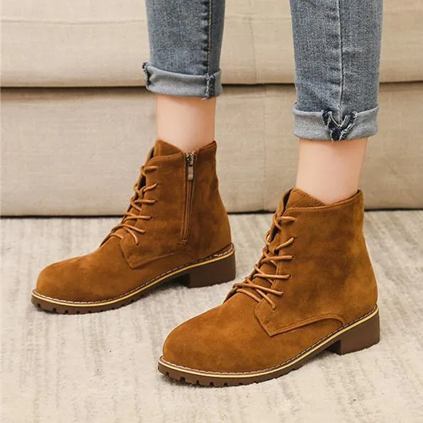 Women square chunky heel lace up ankle motorcycle boots