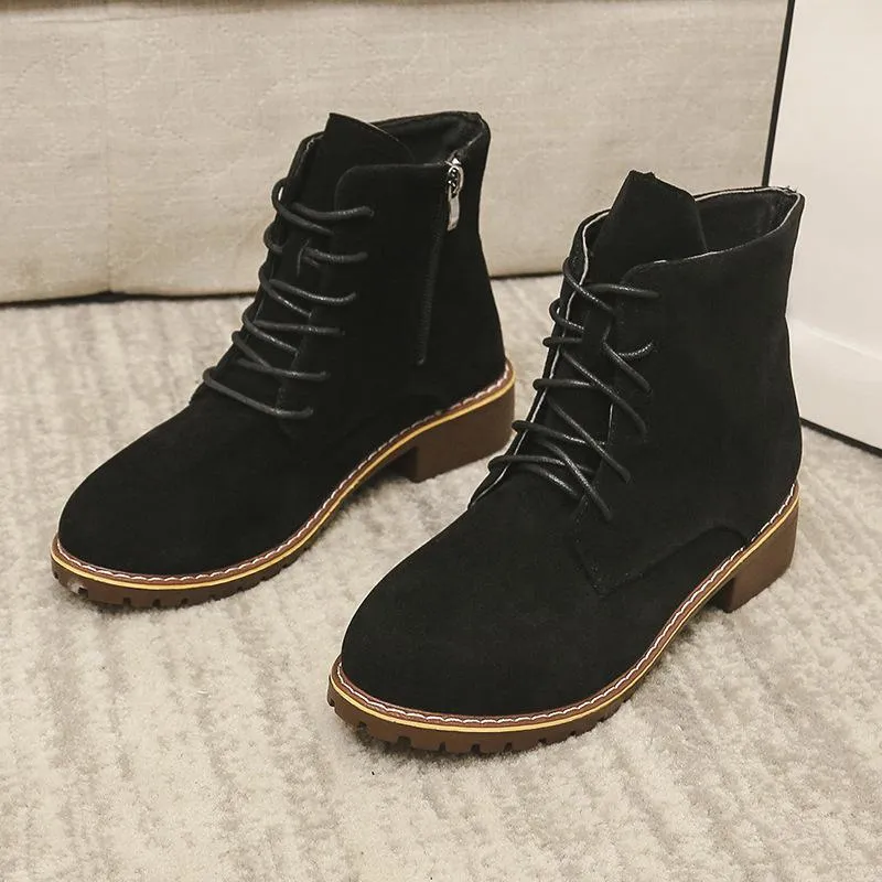 Women square chunky heel lace up ankle motorcycle boots