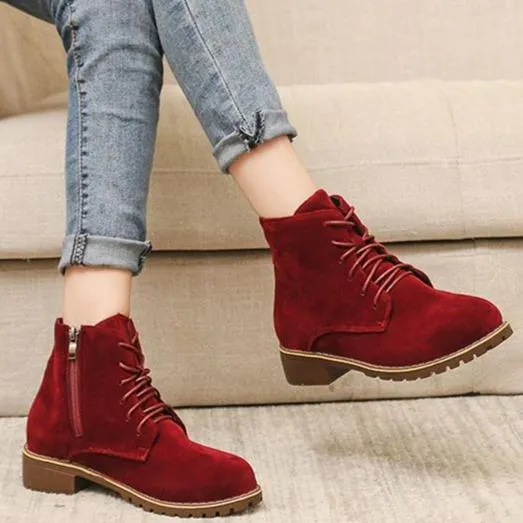 Women square chunky heel lace up ankle motorcycle boots